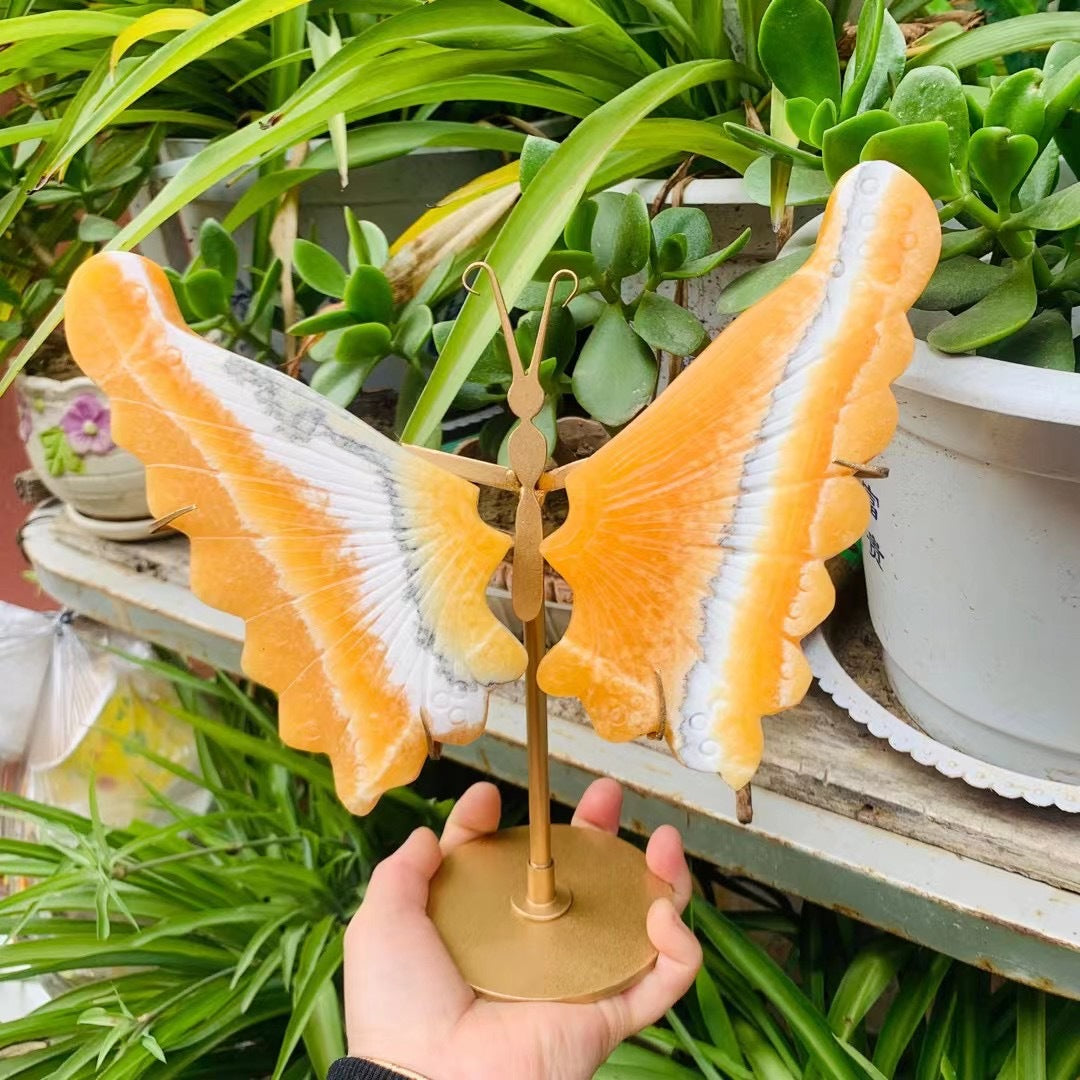 Natural Crystal Carved Orange Calcite Wings Butterfly on Stand