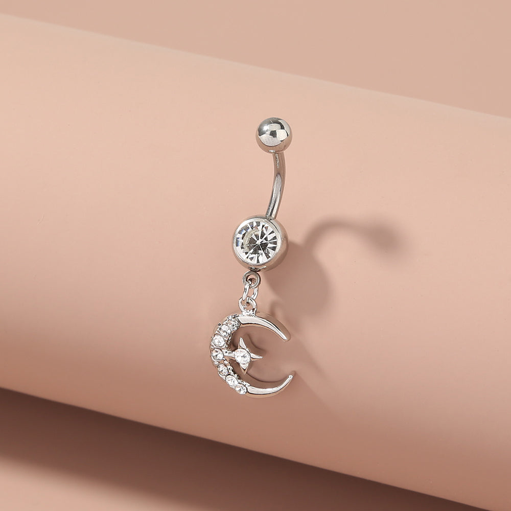 Crescent Moon & Star Rhinestone Belly Button Ring