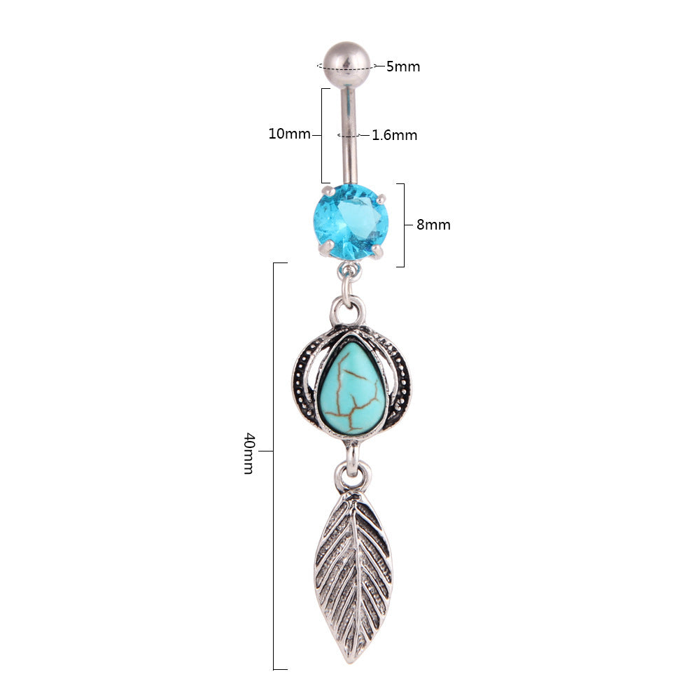 Turquoise Water Drop Leaves Belly Button Ring Stainless Steel Belly Button