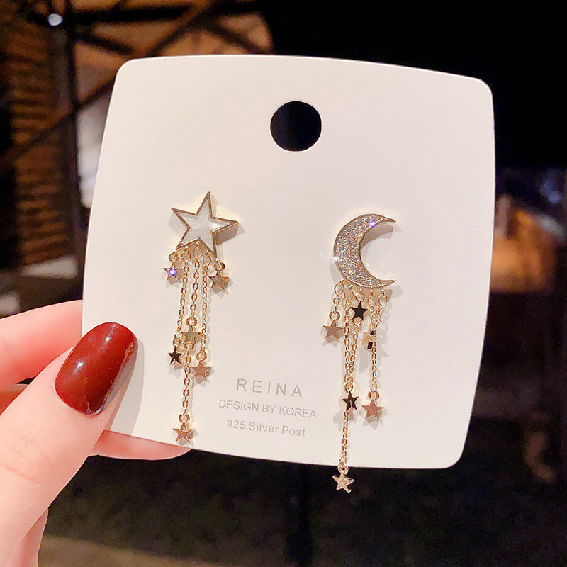 925 Silver Needle Star and Moon Asymmetric Tassel Earrings