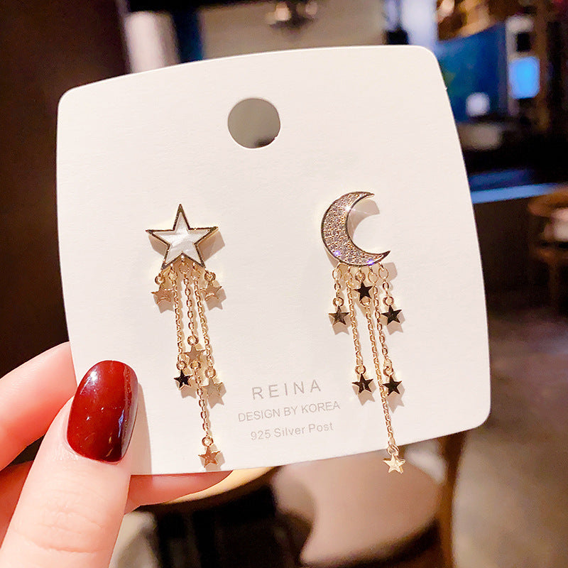 925 Silver Needle Star and Moon Asymmetric Tassel Earrings