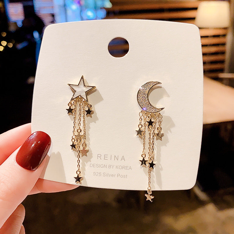 925 Silver Needle Star and Moon Asymmetric Tassel Earrings