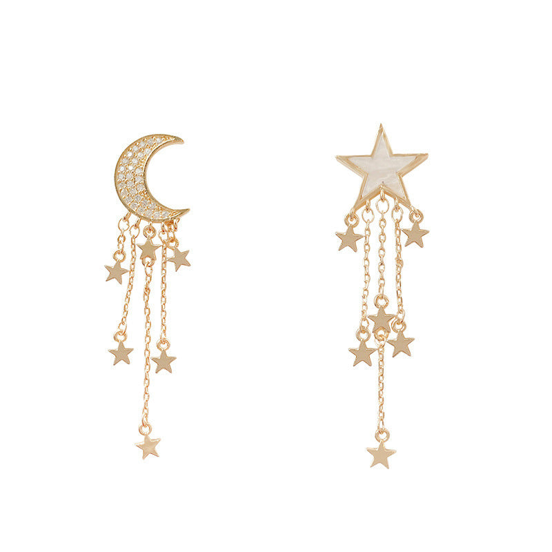 925 Silver Needle Star and Moon Asymmetric Tassel Earrings