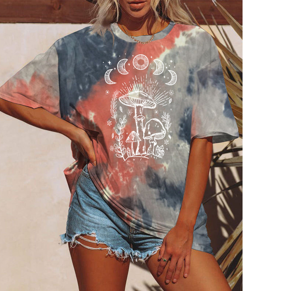 Tie-dyed T-shirt Female Star Sun Moon Mushroom Print Short Sleeve