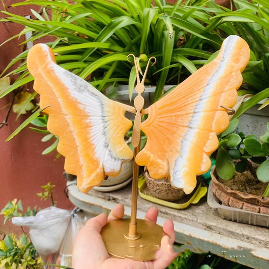 Natural Crystal Carved Orange Calcite Wings Butterfly on Stand