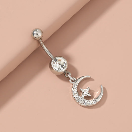 Crescent Moon & Star Rhinestone Belly Button Ring