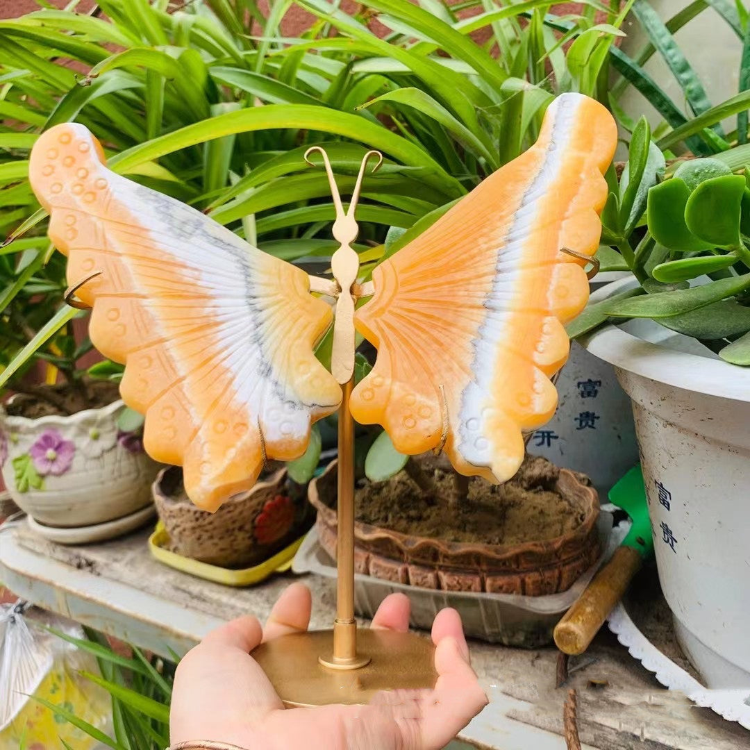 Natural Crystal Carved Orange Calcite Wings Butterfly on Stand