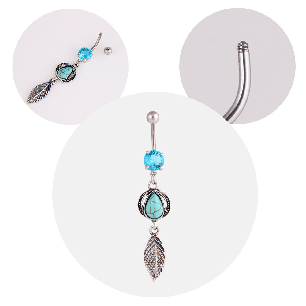 Turquoise Water Drop Leaves Belly Button Ring Stainless Steel Belly Button