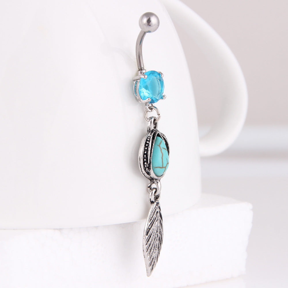 Turquoise Water Drop Leaves Belly Button Ring Stainless Steel Belly Button