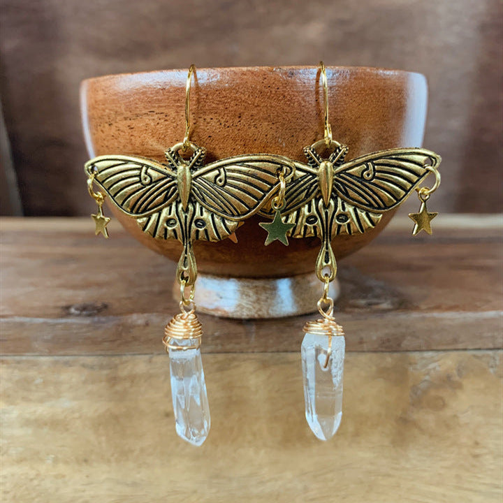 Gold Moth And Quartz Hanging Ear Earrings Celestial Moonstone