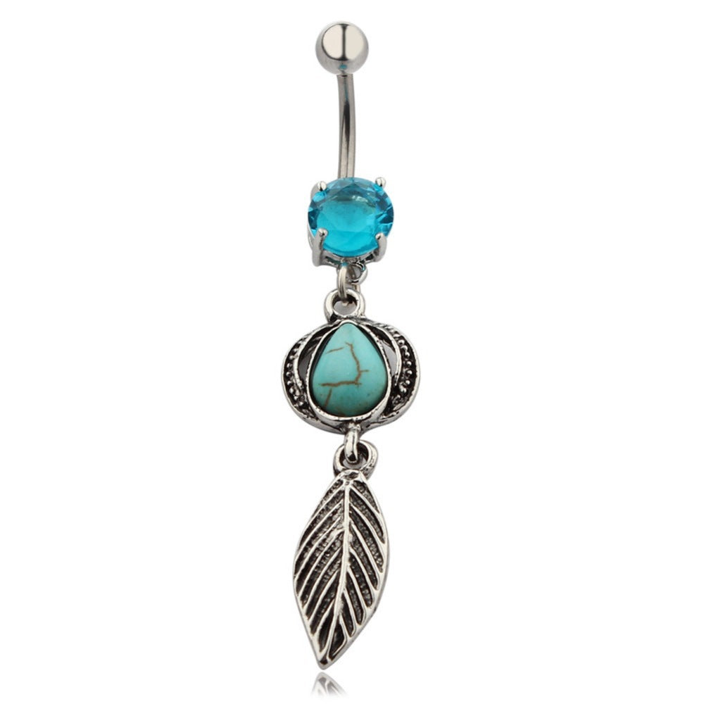 Turquoise Water Drop Leaves Belly Button Ring Stainless Steel Belly Button