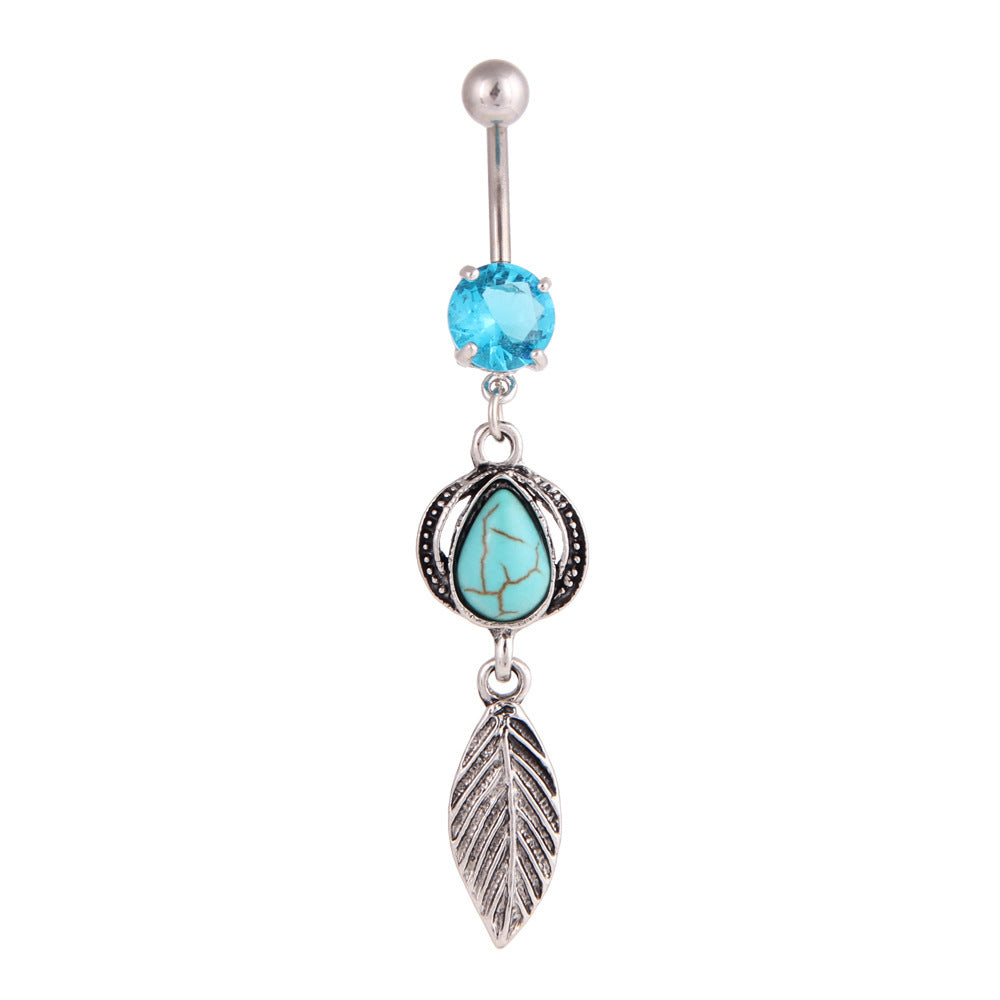 Turquoise Water Drop Leaves Belly Button Ring Stainless Steel Belly Button