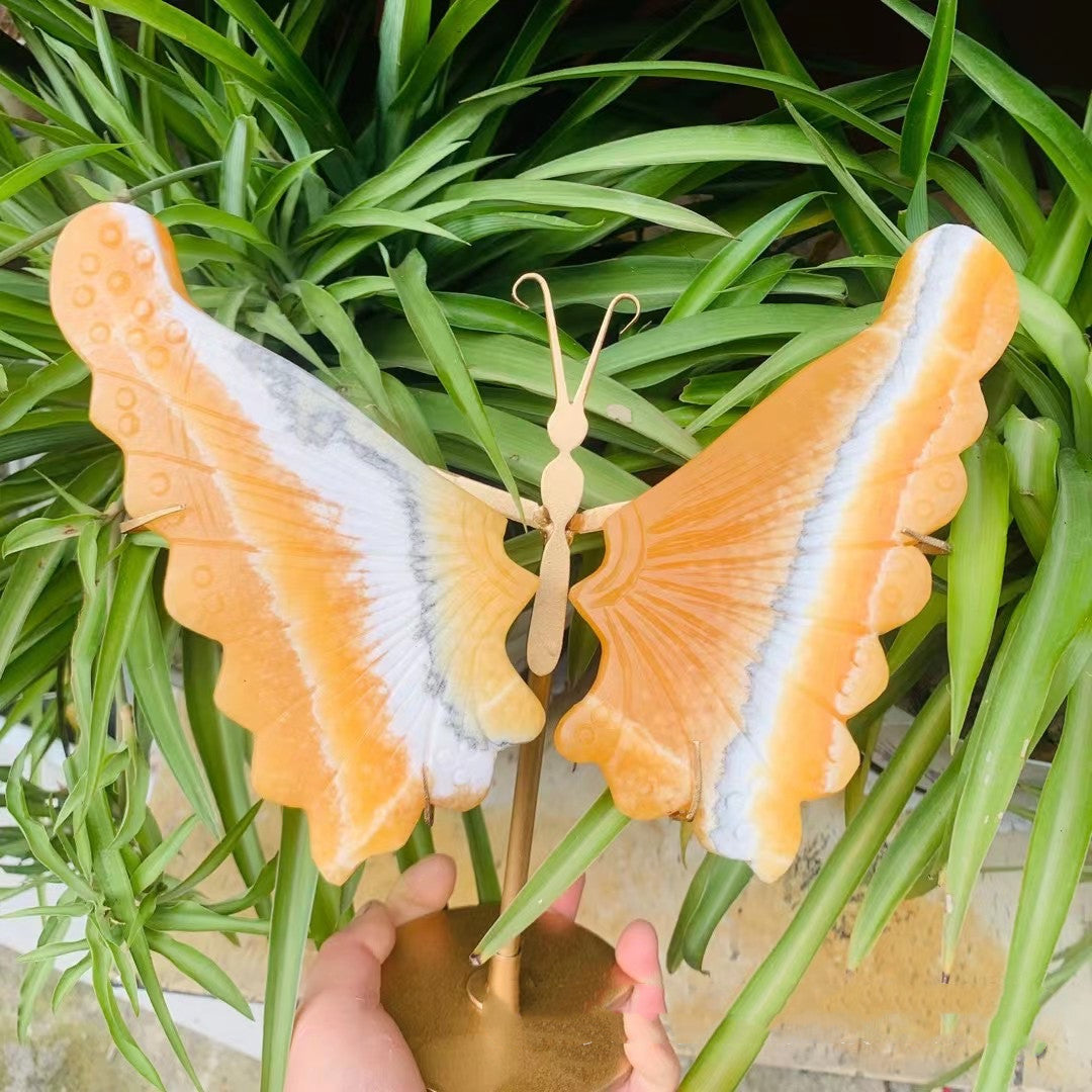 Natural Crystal Carved Orange Calcite Wings Butterfly on Stand