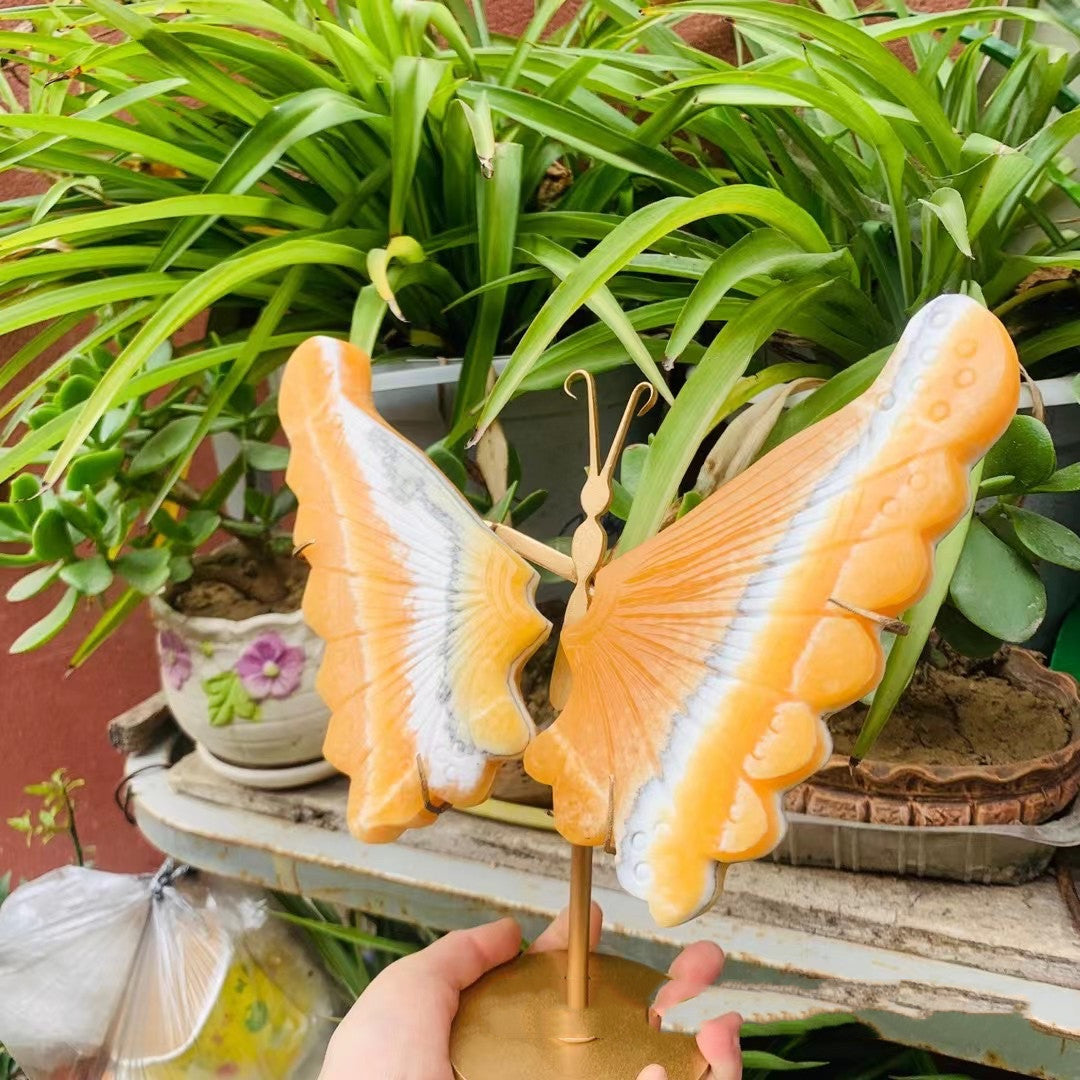 Natural Crystal Carved Orange Calcite Wings Butterfly on Stand