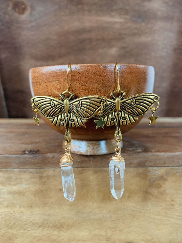 Gold Moth And Quartz Hanging Ear Earrings Celestial Moonstone