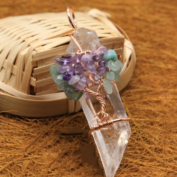 Crystal Wrapped Quartz Pendant - Amethyst & Green Aventurine Tree of Life