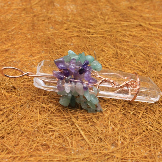 Crystal Wrapped Quartz Pendant - Amethyst & Green Aventurine Tree of Life