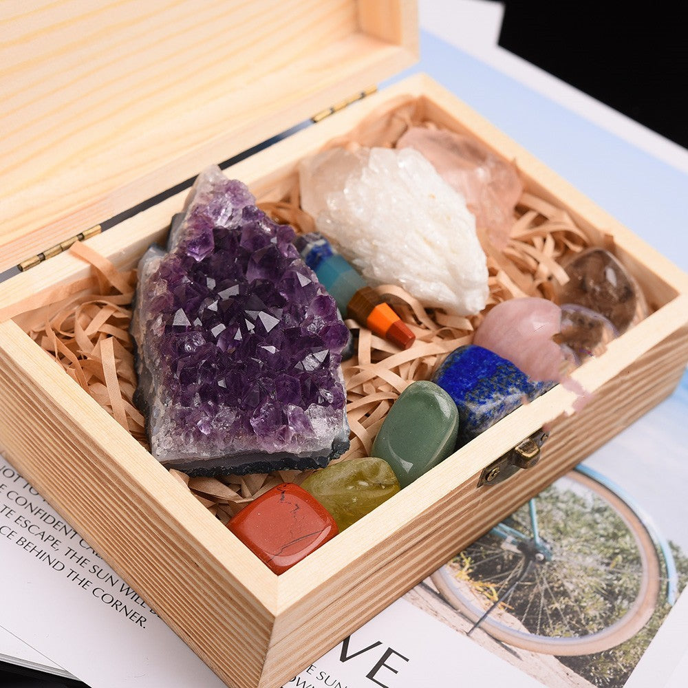 Natural Crystal Original Stone Gift Box Seven Color Gem Amethyst Block