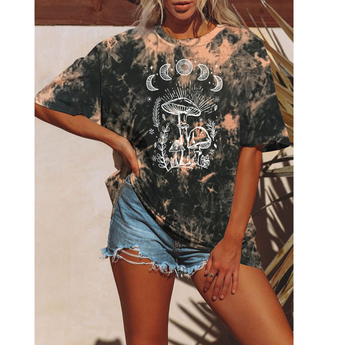 Tie-dyed T-shirt Female Star Sun Moon Mushroom Print Short Sleeve