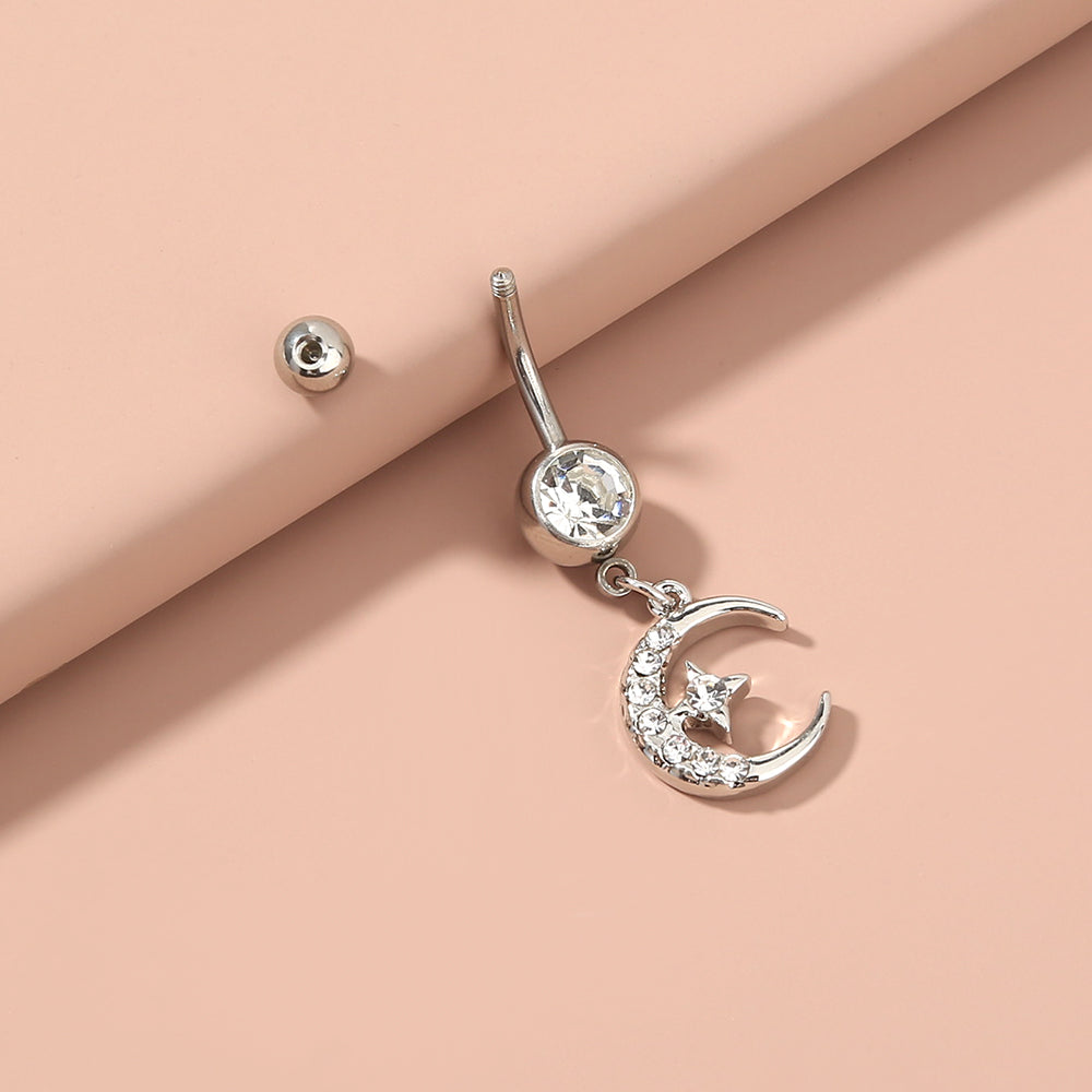 Crescent Moon & Star Rhinestone Belly Button Ring